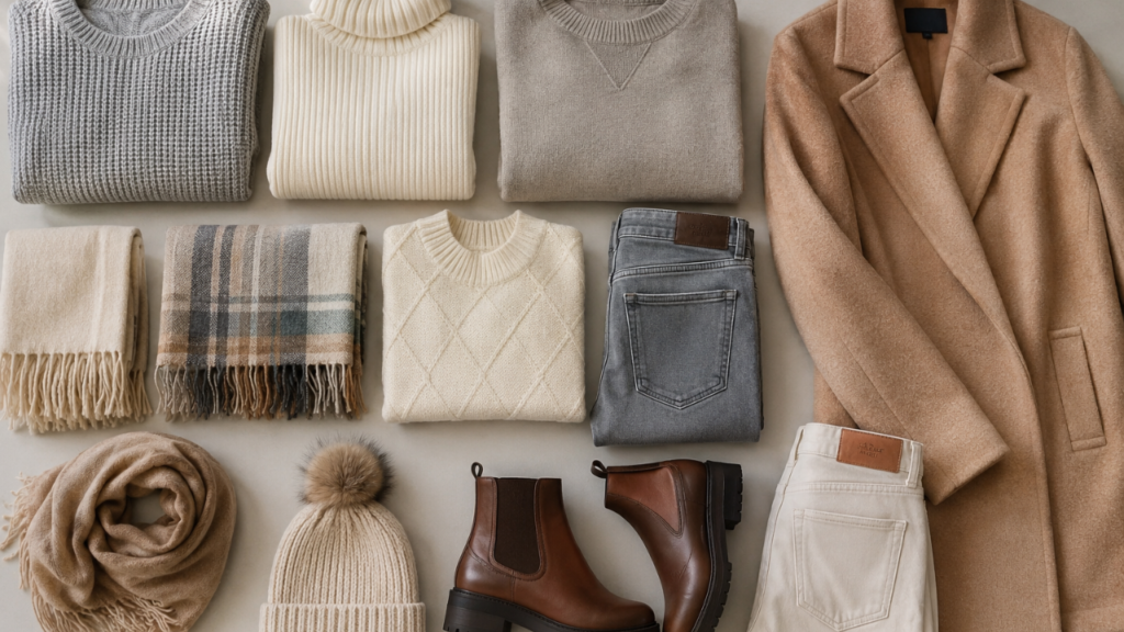 Guarda-roupa de inverno feminino organizado com casacos, suéteres, cachecóis e botas em tons neutros.