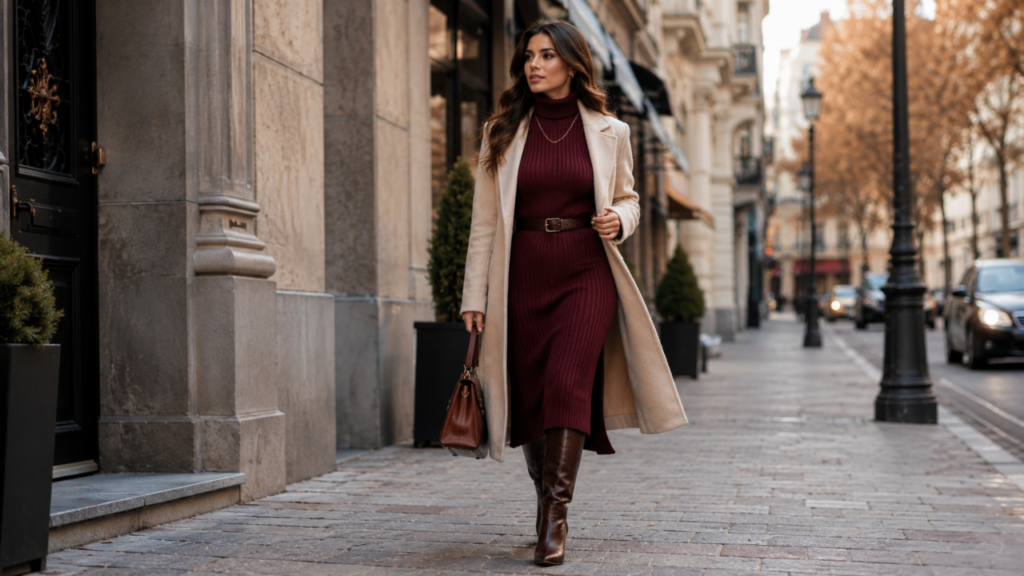 Vestido de frio feminino midi vinho em tricô combinado com botas de cano alto e casaco para look de inverno