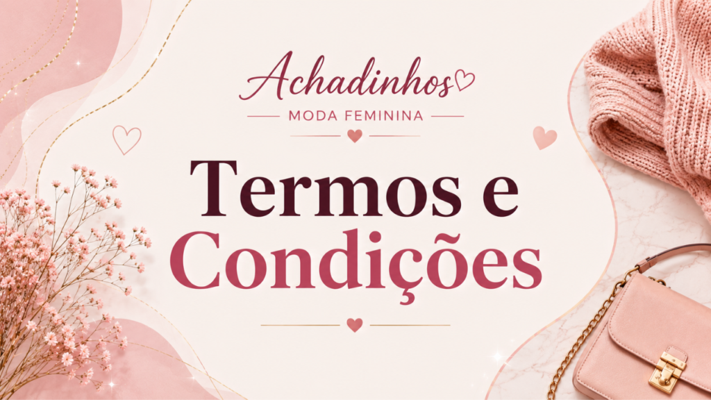 Termos e Condições Achadinhos Moda Feminina com Angela apresentando as regras de uso e transparência do site