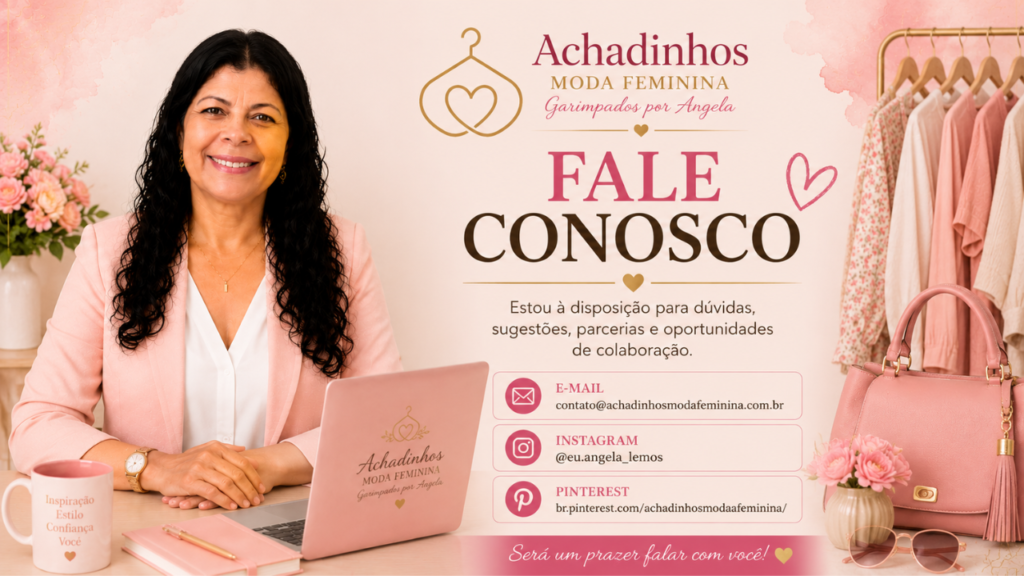 Fale Conosco Achadinhos Moda Feminina com Angela apresentando os canais de comunicação, e-mail, Instagram e Pinterest.